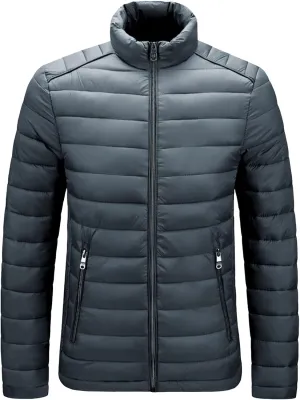 JEShifangjiusu Men Winter Cotton Padded Jacket Casual Stand Collar Hoodless Zipper Pocket Coat Thicken Long Sleeve Coats, Grey, X-Large