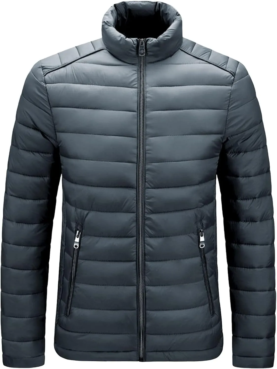 JEShifangjiusu Men Winter Cotton Padded Jacket Casual Stand Collar Hoodless Zipper Pocket Coat Thicken Long Sleeve Coats, Grey, X-Large