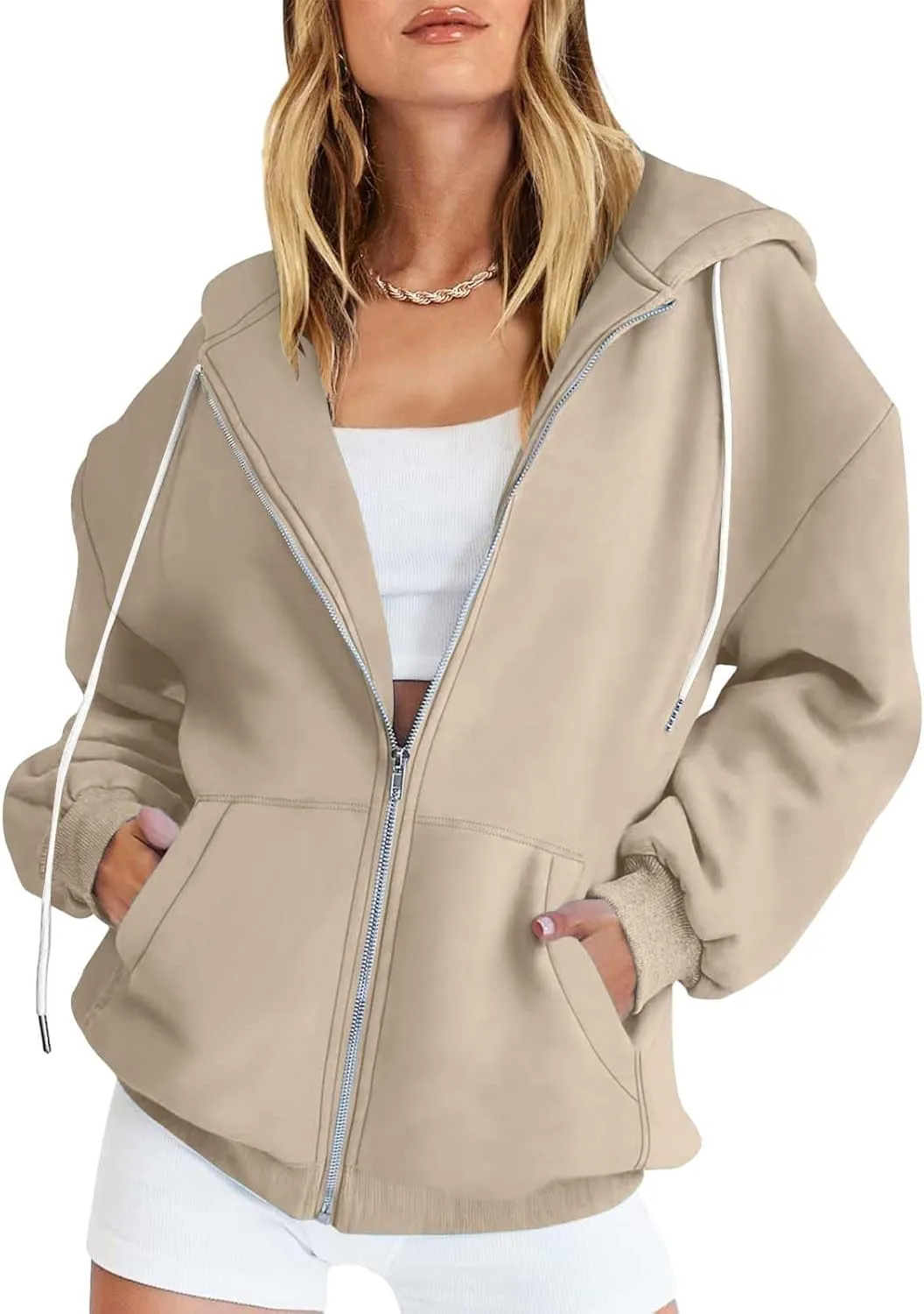 JJHAEVDY Zip Up Hoodie Women Solid Drawstring Sweatshirts Fall Outwear Jacket Hooded Coat Sports Activewear Pocket