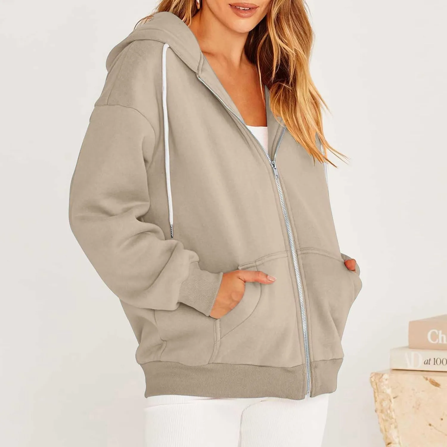 JJHAEVDY Zip Up Hoodie Women Solid Drawstring Sweatshirts Fall Outwear Jacket Hooded Coat Sports Activewear Pocket