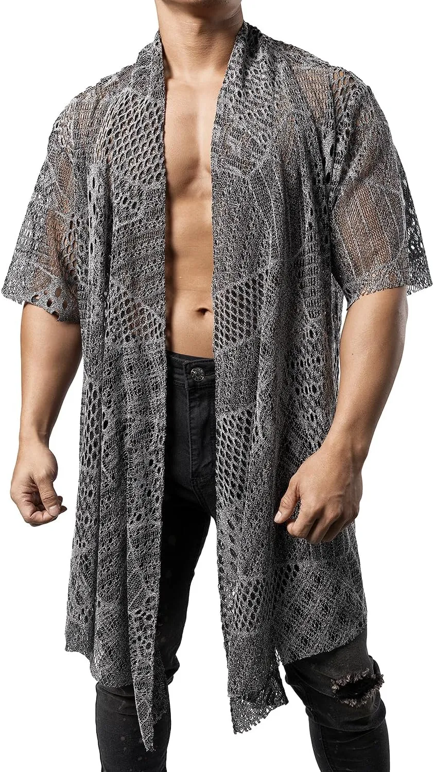 JOGAL Mens Mesh Fishnet See Through Cardigan Ruffle Shawl Collar Open Front Top