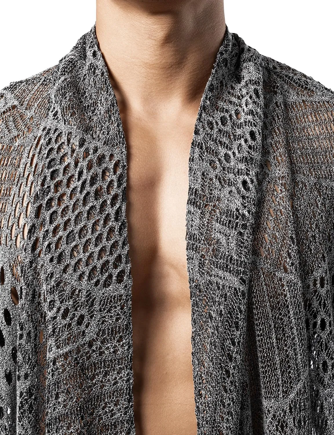 JOGAL Mens Mesh Fishnet See Through Cardigan Ruffle Shawl Collar Open Front Top