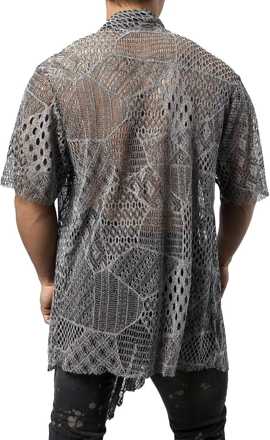 JOGAL Mens Mesh Fishnet See Through Cardigan Ruffle Shawl Collar Open Front Top