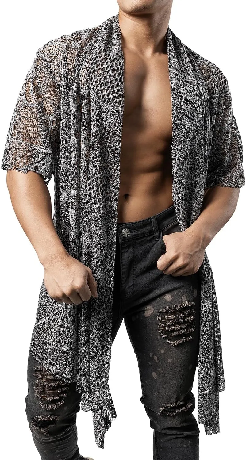 JOGAL Mens Mesh Fishnet See Through Cardigan Ruffle Shawl Collar Open Front Top