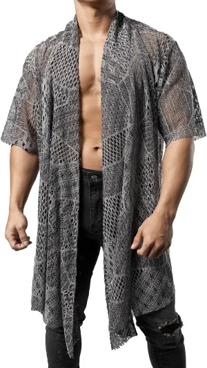 JOGAL Mens Mesh Fishnet See Through Cardigan Ruffle Shawl Collar Open Front Top