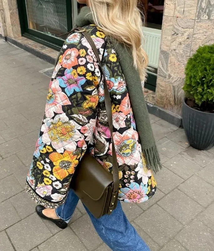 Juakoso Women Floral Print Cropped Quilted Jacket Cardigan Vintage Open Front Padded Puffler Coat Lightweight Casual Outwear