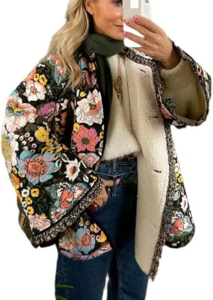 Juakoso Women Floral Print Cropped Quilted Jacket Cardigan Vintage Open Front Padded Puffler Coat Lightweight Casual Outwear