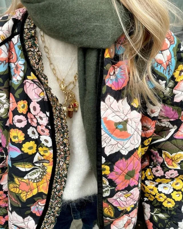 Juakoso Women Floral Print Cropped Quilted Jacket Cardigan Vintage Open Front Padded Puffler Coat Lightweight Casual Outwear