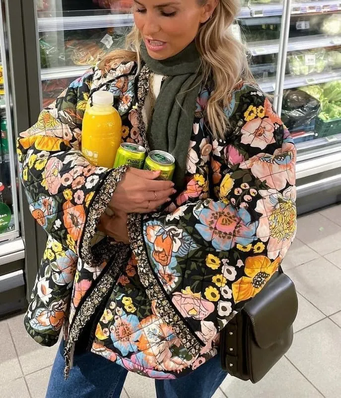 Juakoso Women Floral Print Cropped Quilted Jacket Cardigan Vintage Open Front Padded Puffler Coat Lightweight Casual Outwear