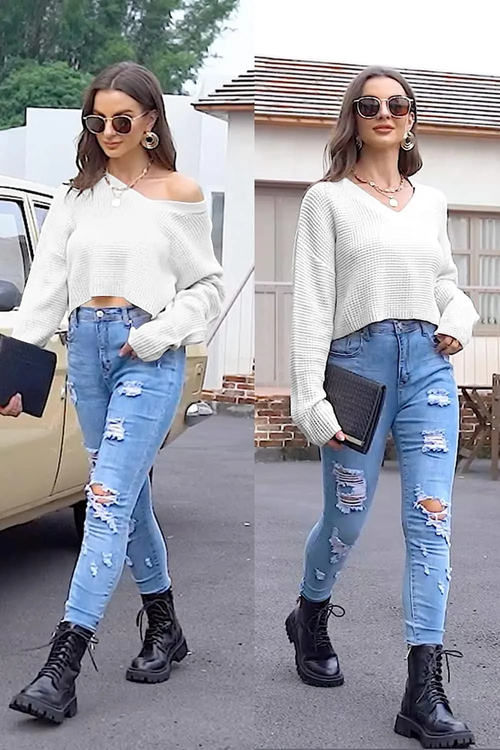 Jumppmile Womens V Neck Waffle Knit Cropped Top Long Sleeve Pullover Crop Sweater