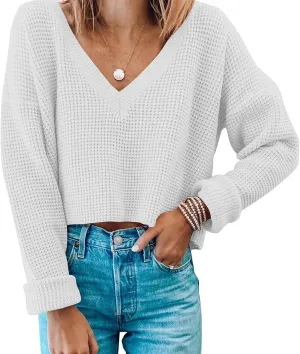 Jumppmile Womens V Neck Waffle Knit Cropped Top Long Sleeve Pullover Crop Sweater