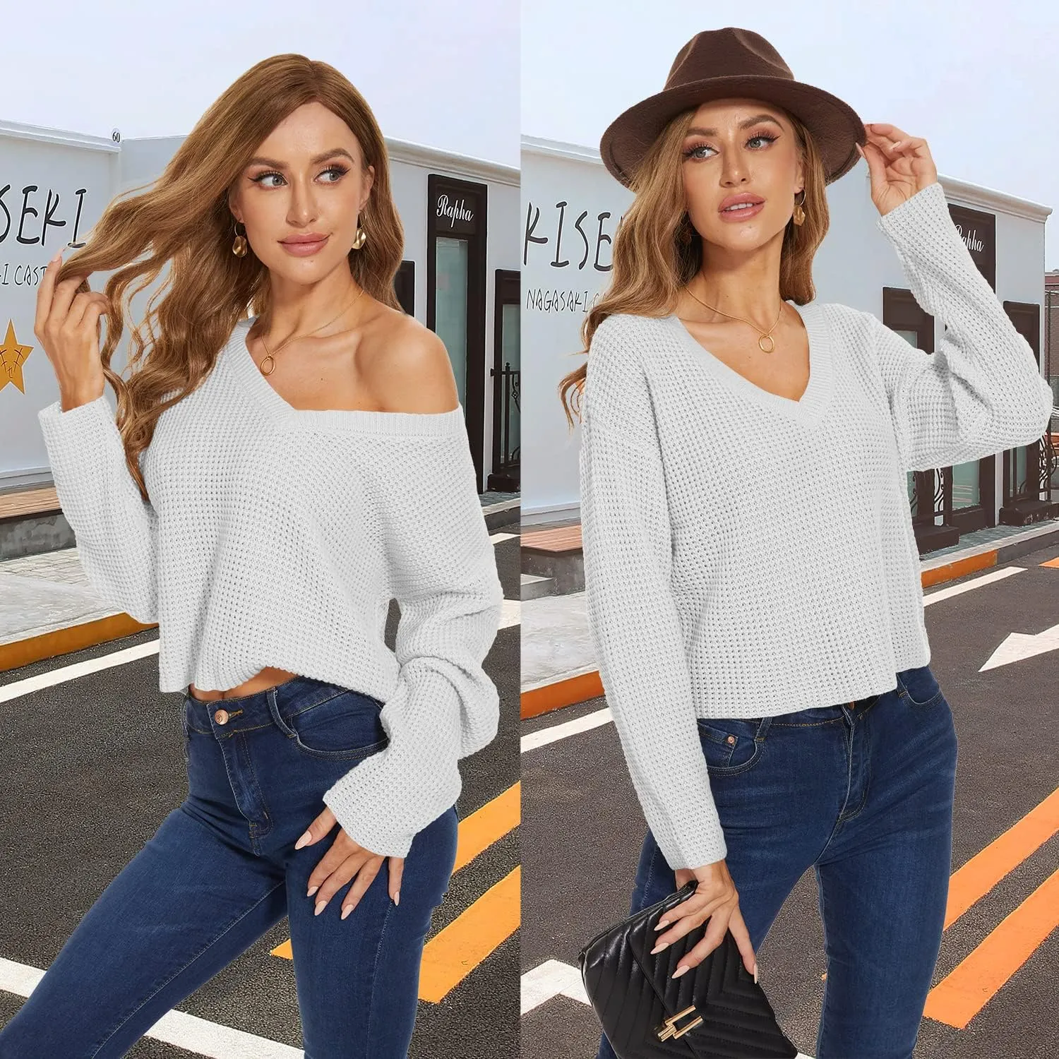 Jumppmile Womens V Neck Waffle Knit Cropped Top Long Sleeve Pullover Crop Sweater