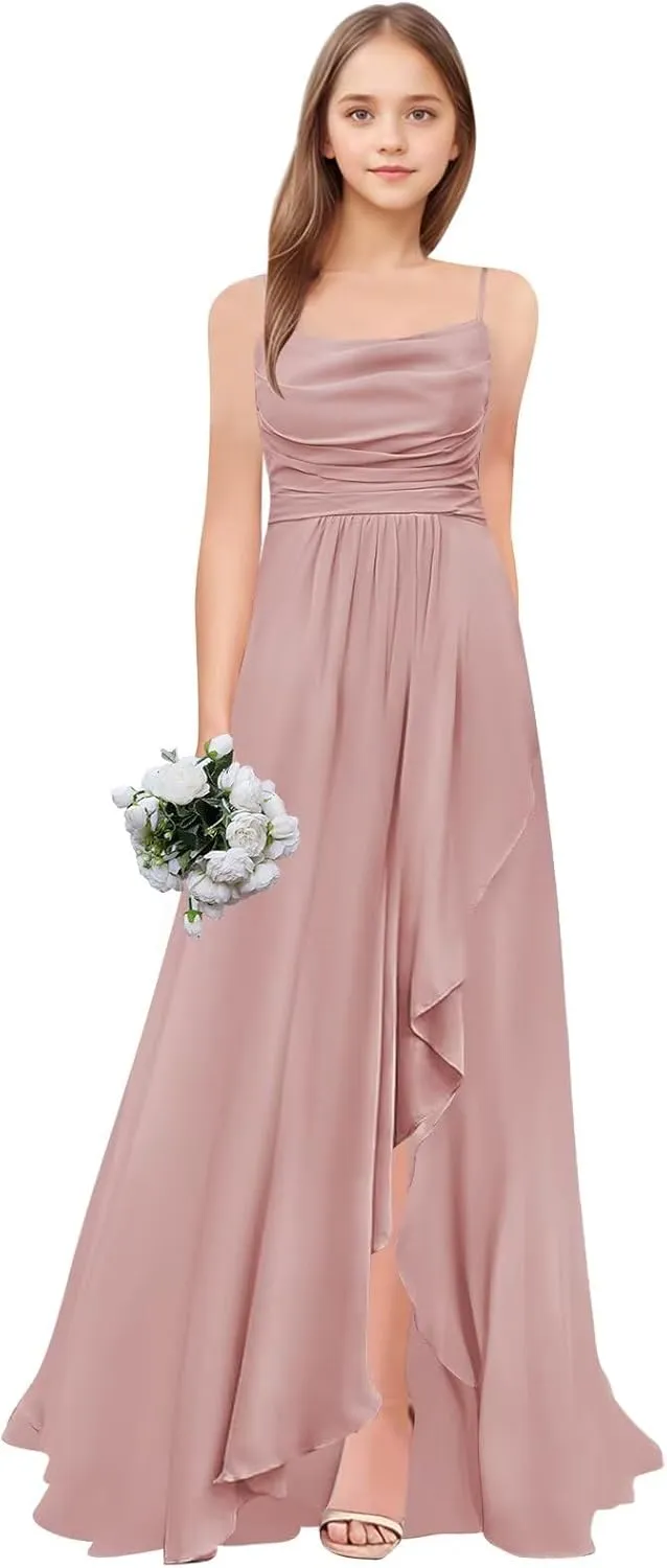 Junior Bridesmaid Dresses Long Chiffon Ruffle A Line Flower Girl Formal Dress for Wedding