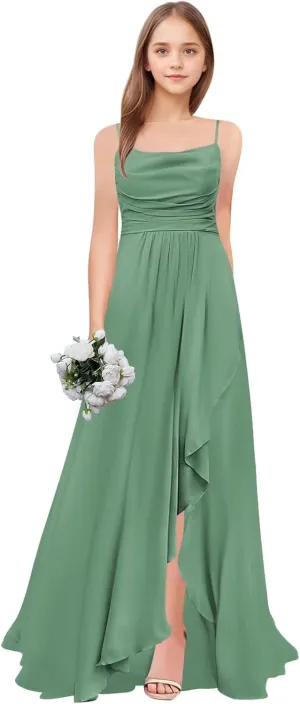 Junior Bridesmaid Dresses Long Chiffon Ruffle A Line Flower Girl Formal Dress for Wedding