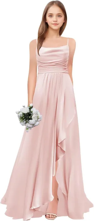 Junior Bridesmaid Dresses Long Chiffon Ruffle A Line Flower Girl Formal Dress for Wedding