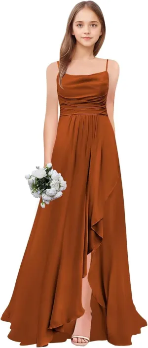 Junior Bridesmaid Dresses Long Chiffon Ruffle A Line Flower Girl Formal Dress for Wedding