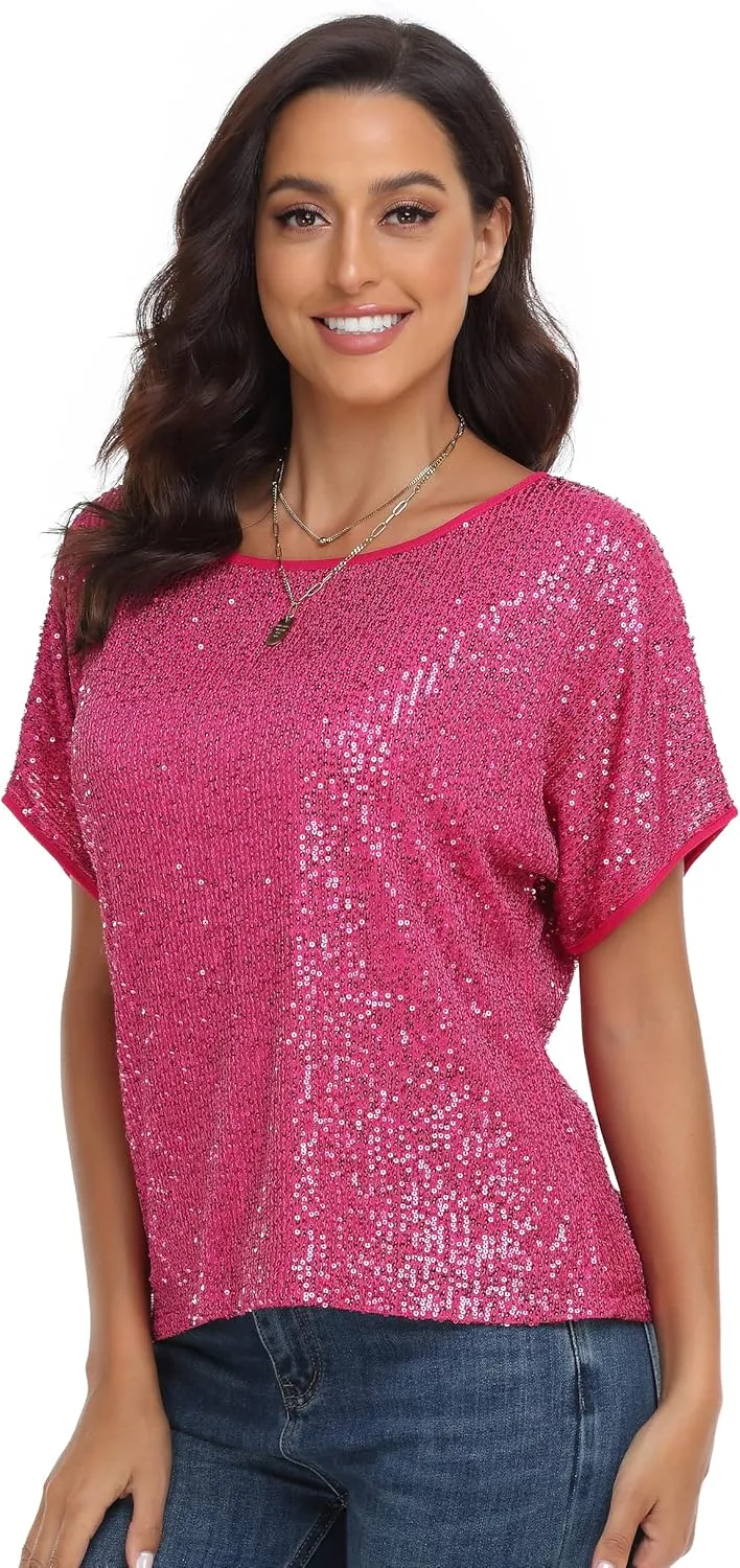 kayamiya Women's Sparkly Sequin Top Batwing Sleeve Glitter Party Shirts Blouse Dressy Tops