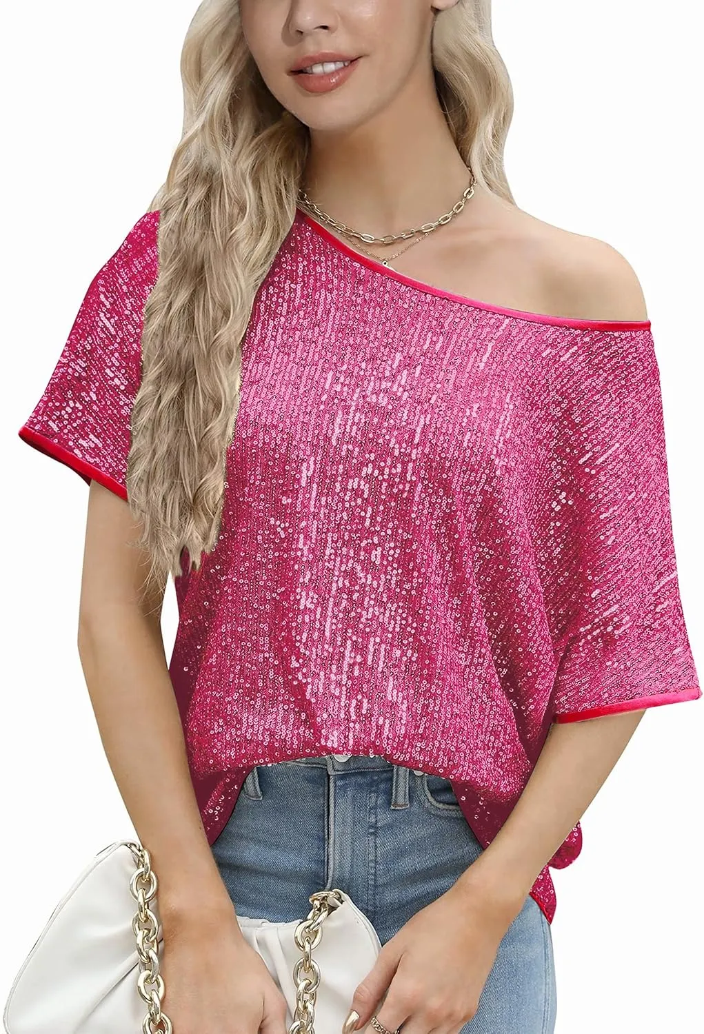 kayamiya Women's Sparkly Sequin Top Batwing Sleeve Glitter Party Shirts Blouse Dressy Tops