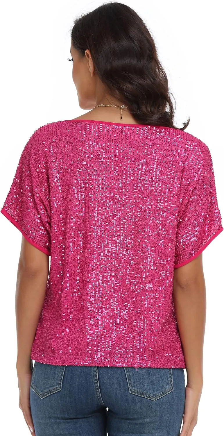 kayamiya Women's Sparkly Sequin Top Batwing Sleeve Glitter Party Shirts Blouse Dressy Tops