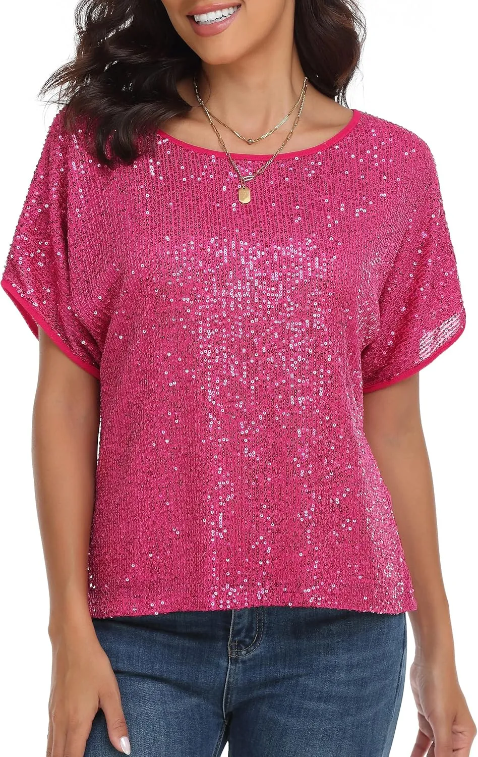 kayamiya Women's Sparkly Sequin Top Batwing Sleeve Glitter Party Shirts Blouse Dressy Tops