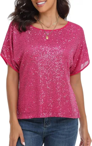 kayamiya Women's Sparkly Sequin Top Batwing Sleeve Glitter Party Shirts Blouse Dressy Tops