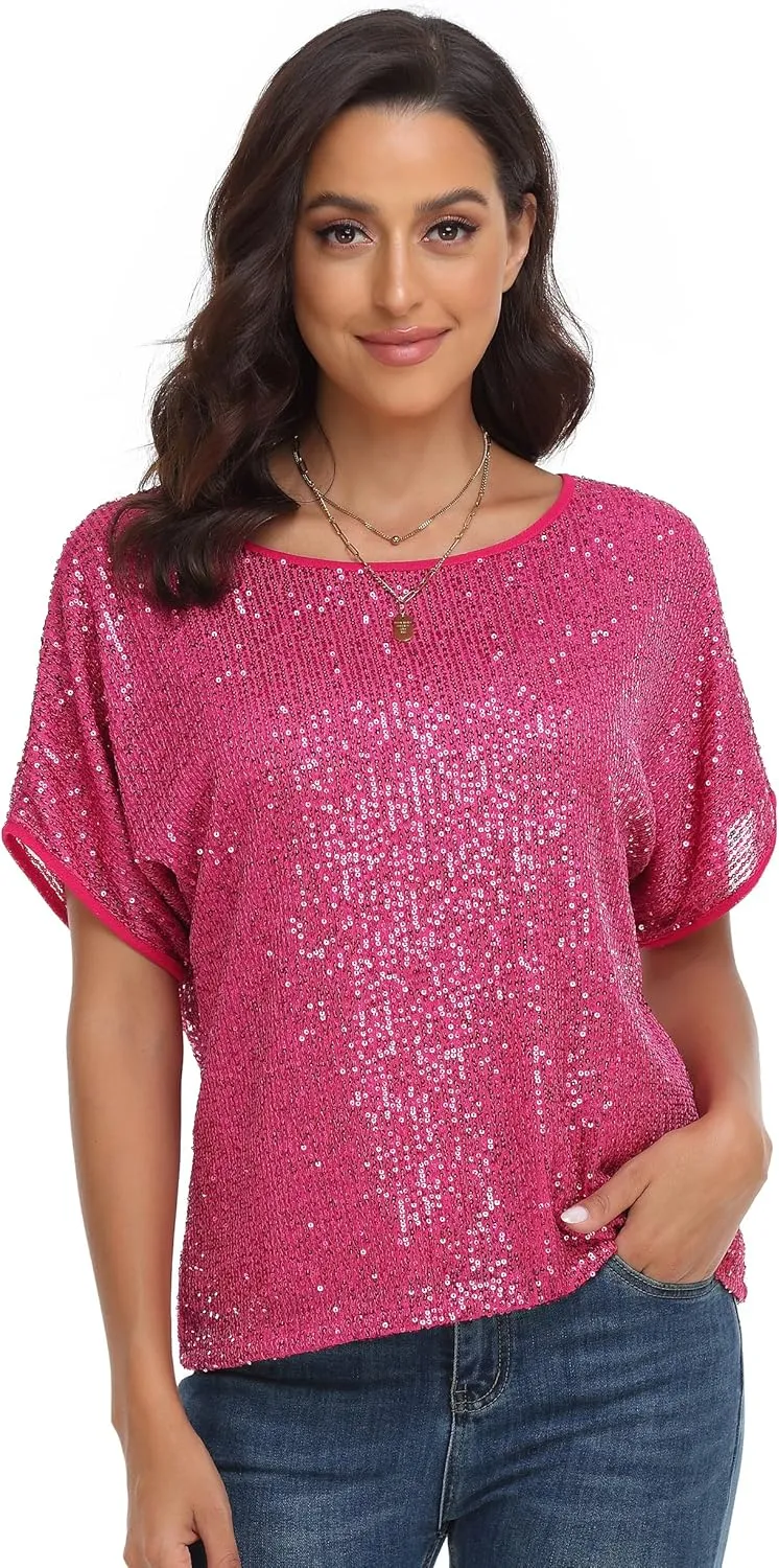 kayamiya Women's Sparkly Sequin Top Batwing Sleeve Glitter Party Shirts Blouse Dressy Tops