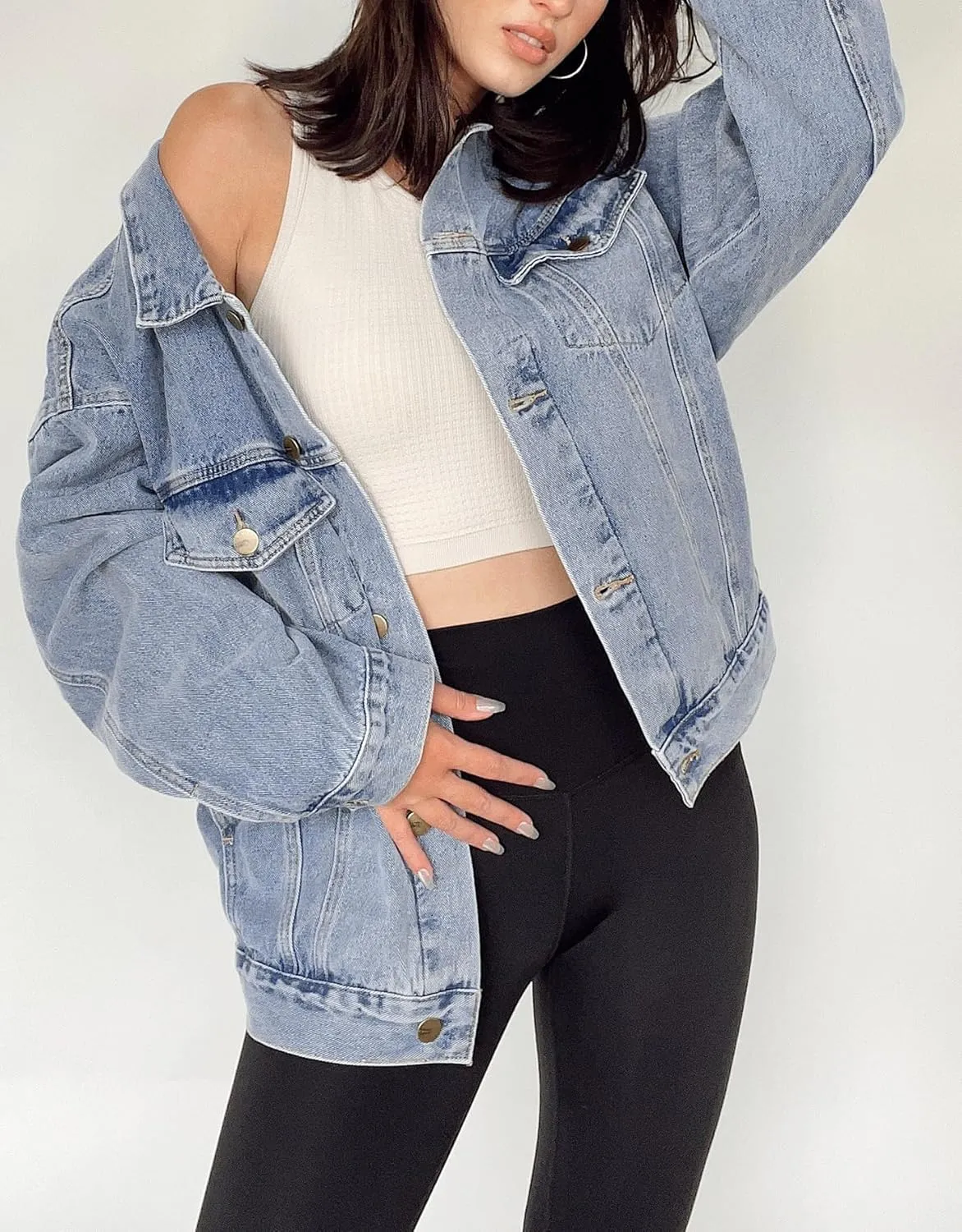 Kedera Women's Oversized Jean Jacket Long Blue Denim Jacket Long Sleeve Button Down Trucker Jacket Shacket Fall Coats