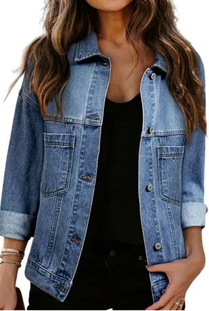 KevaMolly Womens Denim Jacket Long Sleeve Washed Oversize Pocketed Denim Jacket Pocket Casual Daily Coat