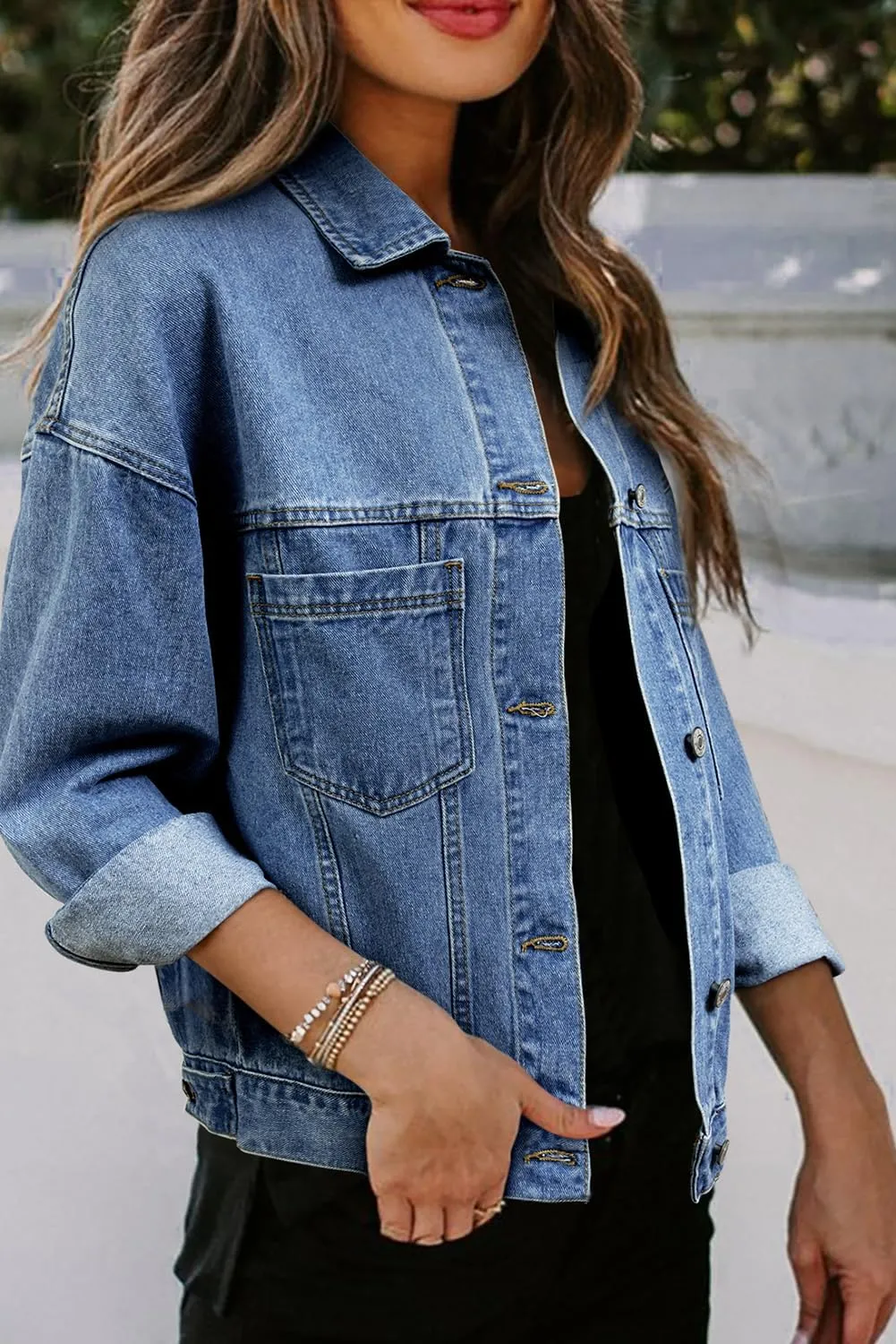 KevaMolly Womens Denim Jacket Long Sleeve Washed Oversize Pocketed Denim Jacket Pocket Casual Daily Coat