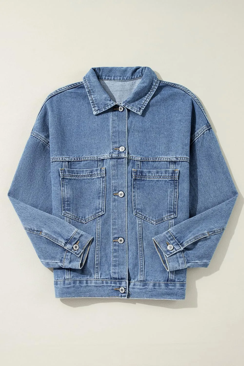 KevaMolly Womens Denim Jacket Long Sleeve Washed Oversize Pocketed Denim Jacket Pocket Casual Daily Coat
