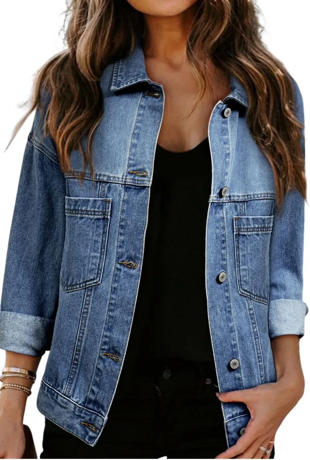 KevaMolly Womens Denim Jacket Long Sleeve Washed Oversize Pocketed Denim Jacket Pocket Casual Daily Coat
