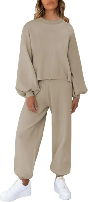 Kisscynest Women's 2 Piece Outfits Sweater Set Casual Crewneck Knit Pullover Top Jogger Pants Lounge Set Sweatsuit