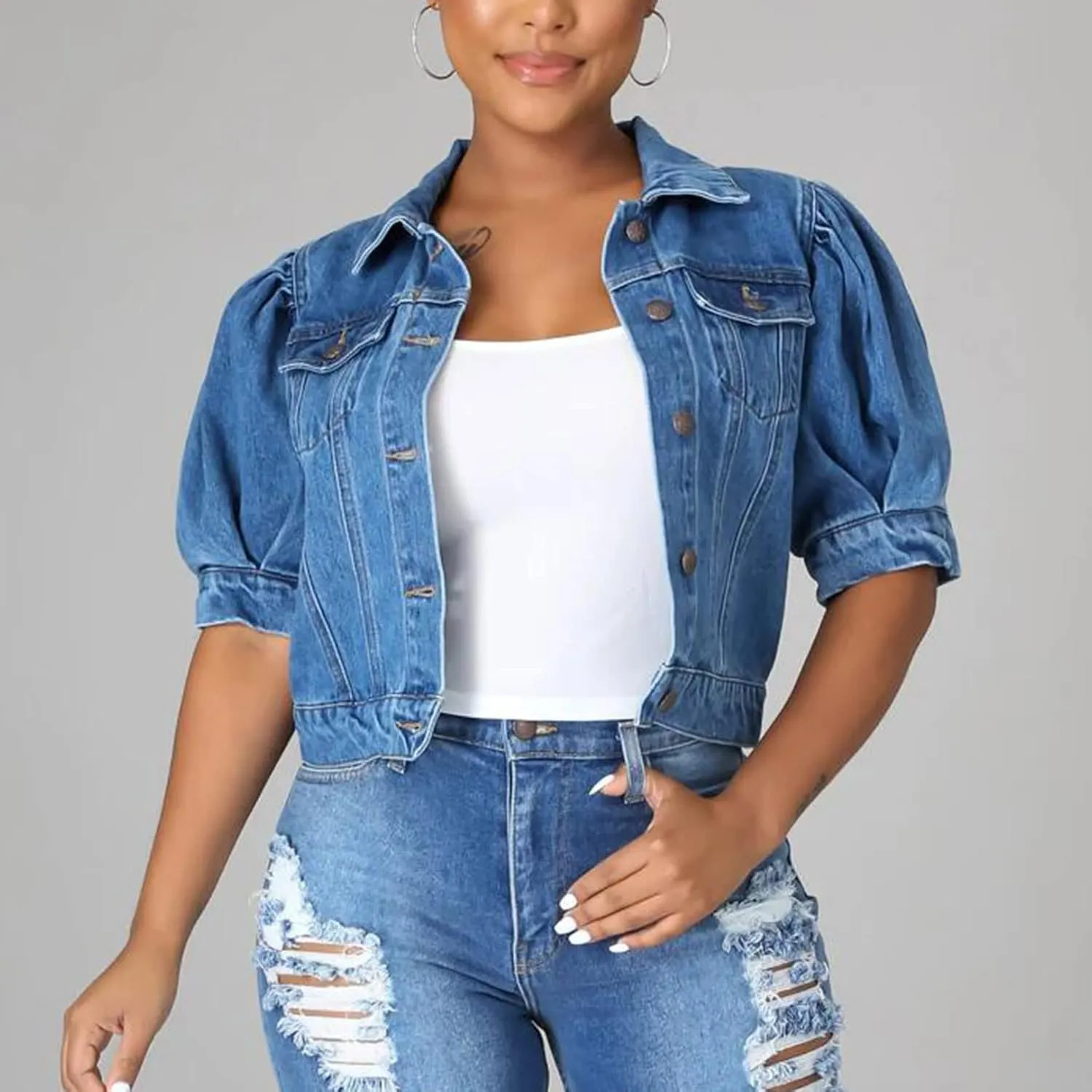 Kissonic Women's Puff Short Sleeve Denim Jacket Cropped Button Down Jean Coat