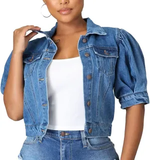 Kissonic Women's Puff Short Sleeve Denim Jacket Cropped Button Down Jean Coat