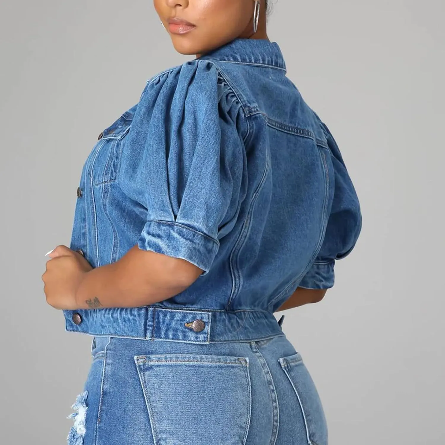 Kissonic Women's Puff Short Sleeve Denim Jacket Cropped Button Down Jean Coat