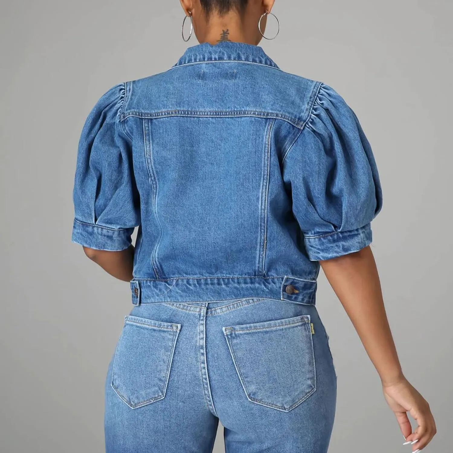 Kissonic Women's Puff Short Sleeve Denim Jacket Cropped Button Down Jean Coat
