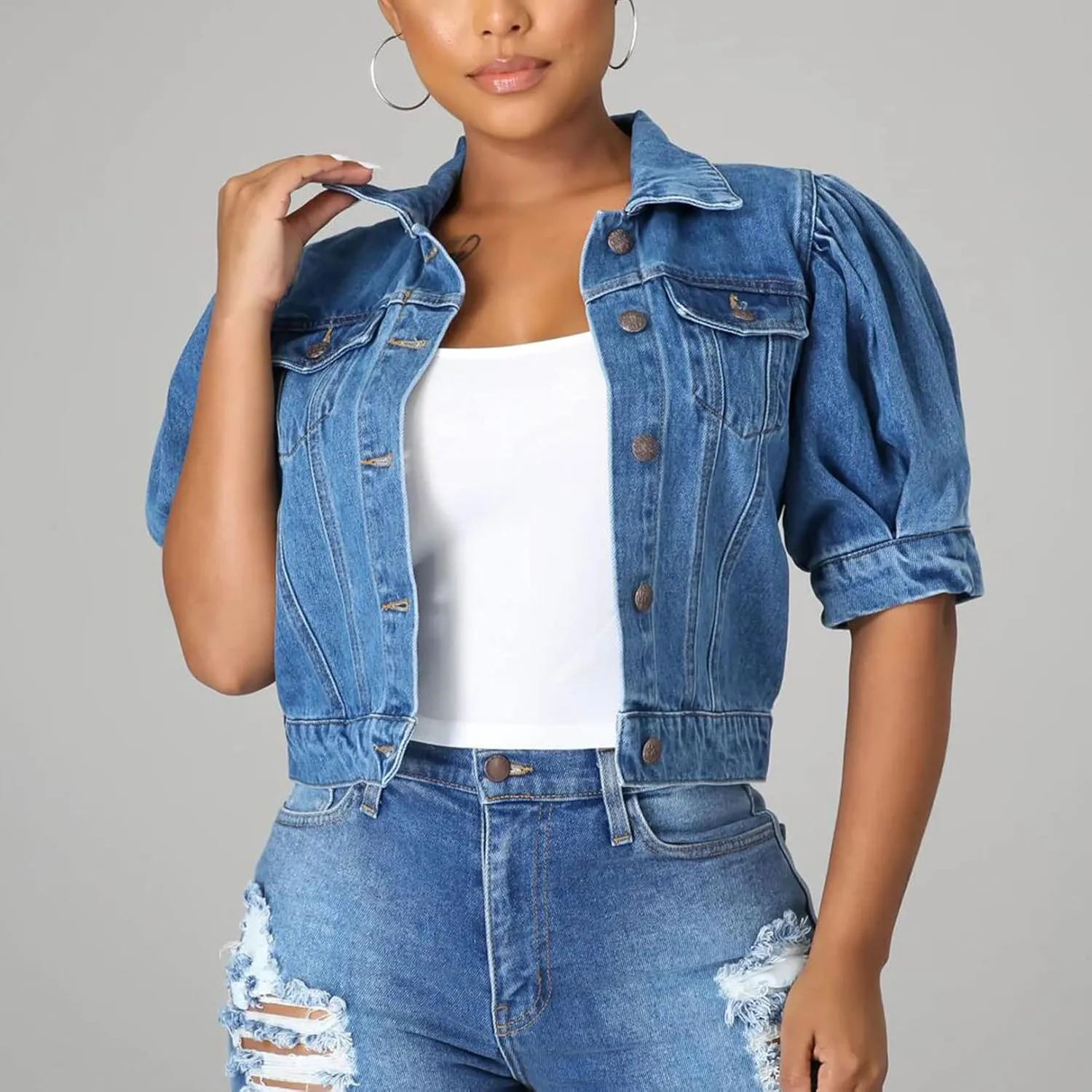 Kissonic Women's Puff Short Sleeve Denim Jacket Cropped Button Down Jean Coat