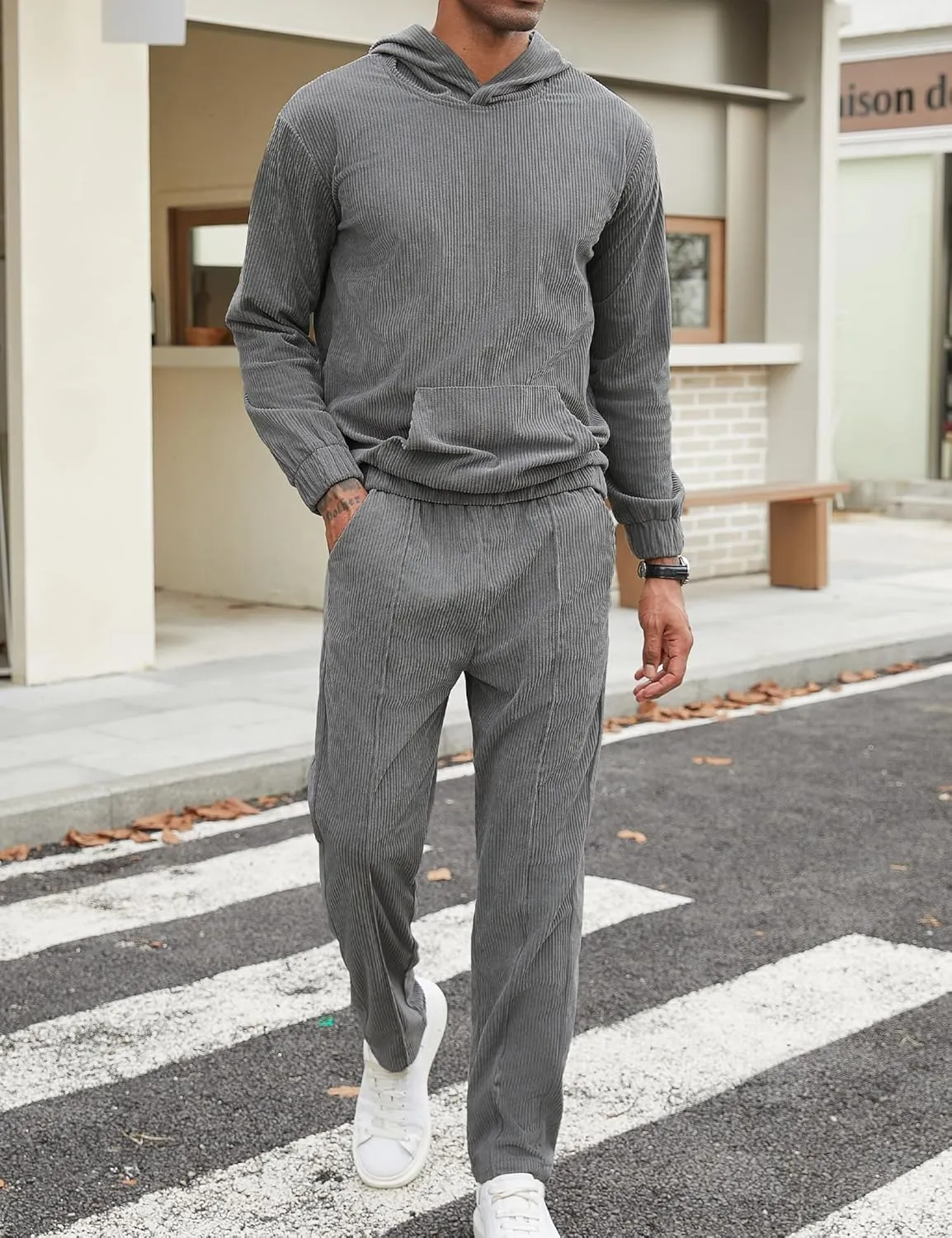 LecGee Men's 2 Piece Corduroy Hoodie and Pants Outfits Long Sleeve Causal Autumn Winter Hoodie Tracksuit Sweatsuit Set