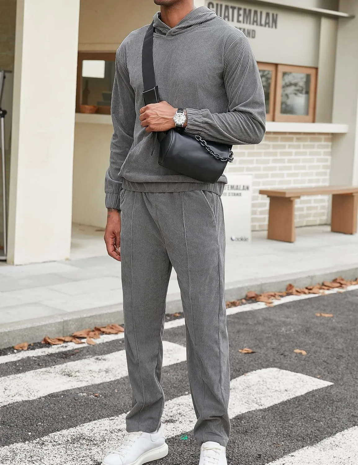 LecGee Men's 2 Piece Corduroy Hoodie and Pants Outfits Long Sleeve Causal Autumn Winter Hoodie Tracksuit Sweatsuit Set