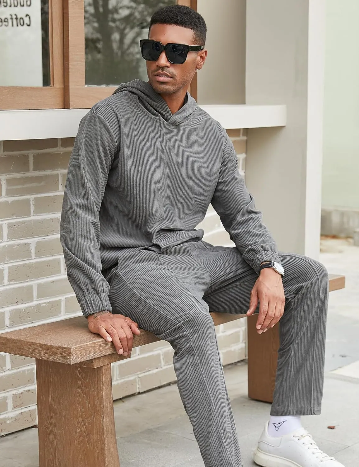 LecGee Men's 2 Piece Corduroy Hoodie and Pants Outfits Long Sleeve Causal Autumn Winter Hoodie Tracksuit Sweatsuit Set