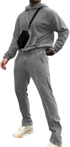 LecGee Men's 2 Piece Corduroy Hoodie and Pants Outfits Long Sleeve Causal Autumn Winter Hoodie Tracksuit Sweatsuit Set