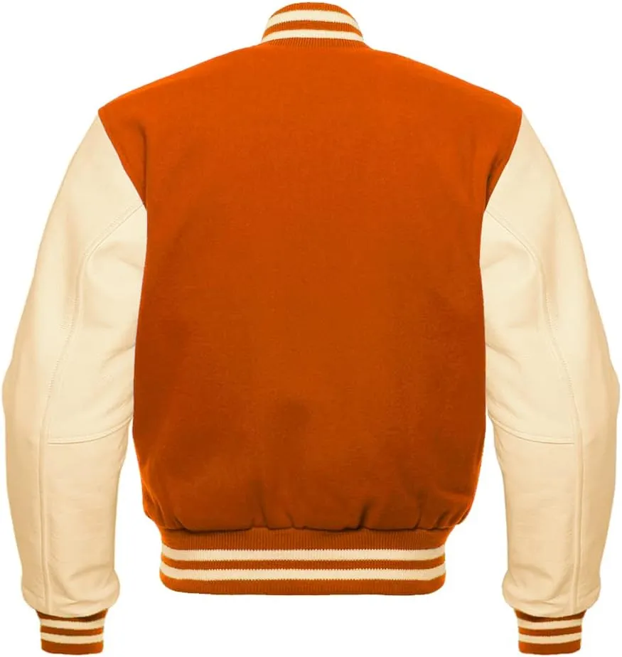 Letterman Base Ball Varsity Jacket College Retro Orange Wool Body And Cream Leather Sleeves Jacket