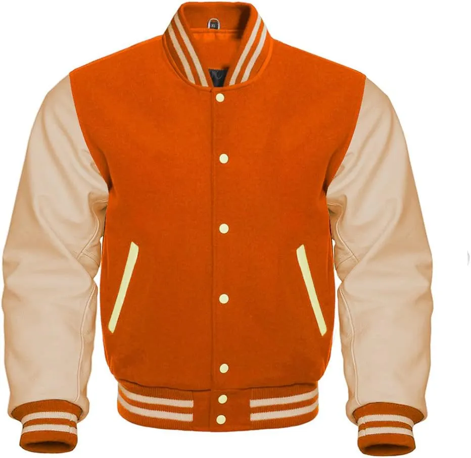 Letterman Base Ball Varsity Jacket College Retro Orange Wool Body And Cream Leather Sleeves Jacket