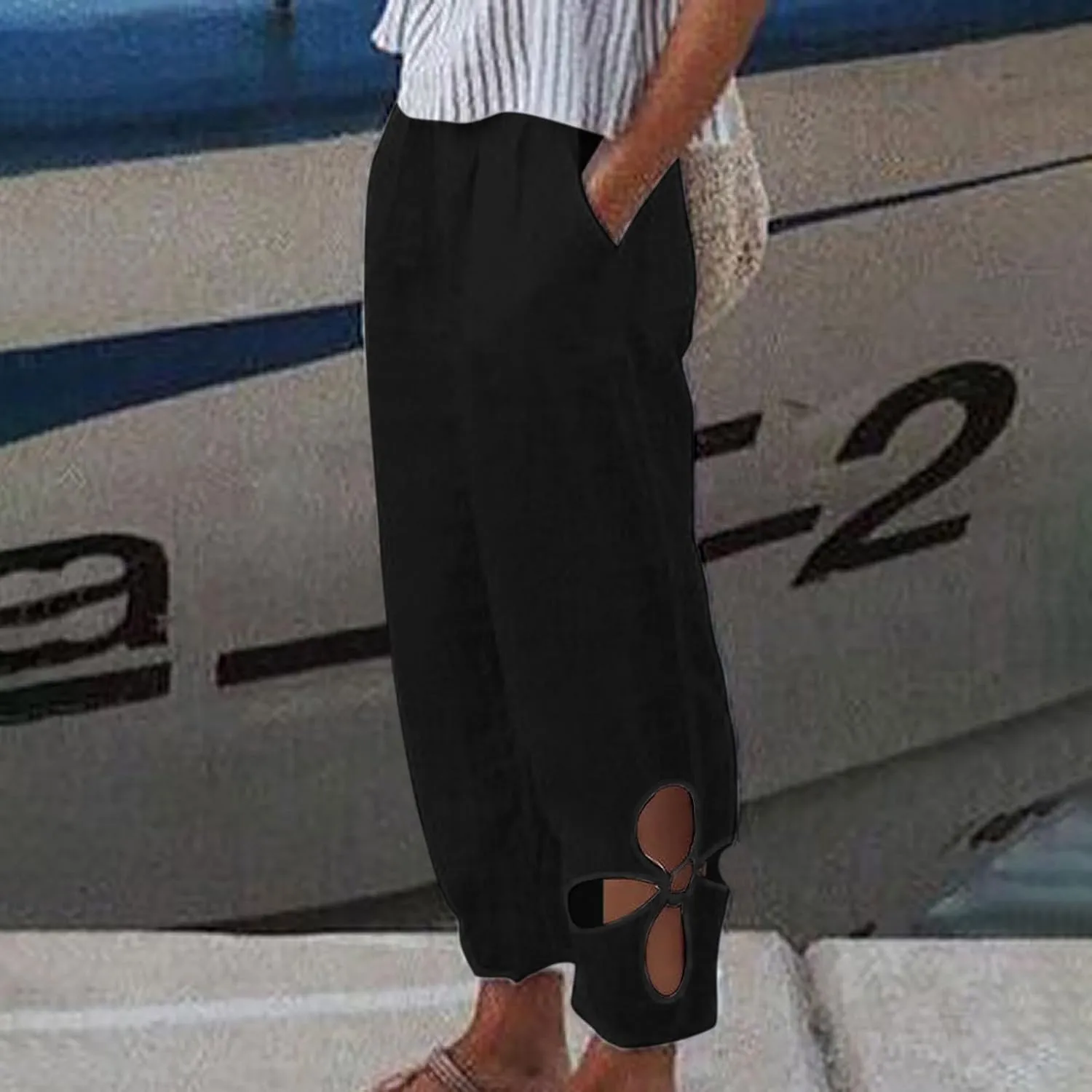 Linen Capri Pants for Women 2024 High Waisted Pants Summer Casual Loose Wide Leg Trousers Cropped Pants with Pockets