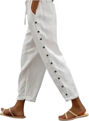 Linen Capris for Women Causal Beach Pants Drawstring Elastic Waist Boyfriend Pants Loose Lightweight Comfy Baggy Summer Pants