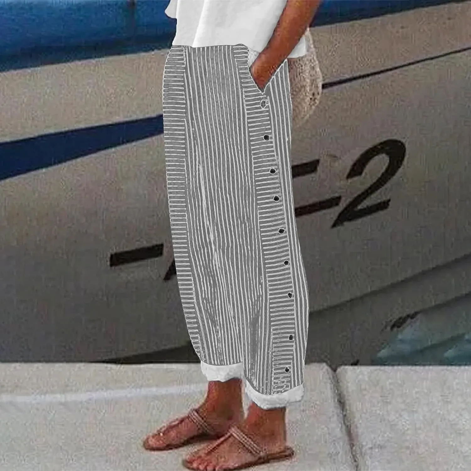 Linen Capris for Women Striped Pants Stripe Print Side Trendy Pants Baggy Elastic Waist Straight Leg Comfy Trousers