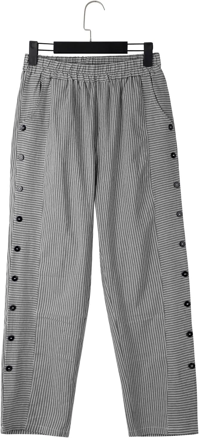 Linen Capris for Women Striped Pants Stripe Print Side Trendy Pants Baggy Elastic Waist Straight Leg Comfy Trousers