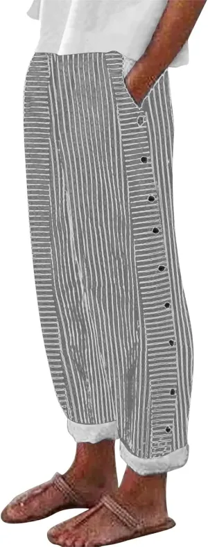 Linen Capris for Women Striped Pants Stripe Print Side Trendy Pants Baggy Elastic Waist Straight Leg Comfy Trousers