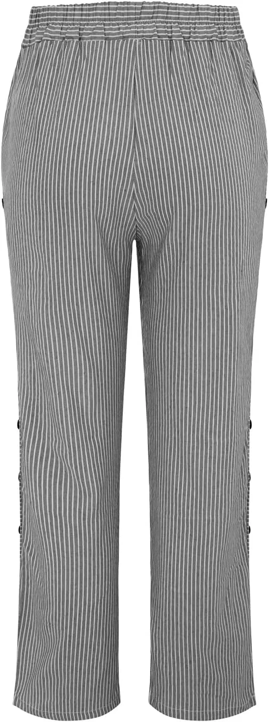 Linen Capris for Women Striped Pants Stripe Print Side Trendy Pants Baggy Elastic Waist Straight Leg Comfy Trousers
