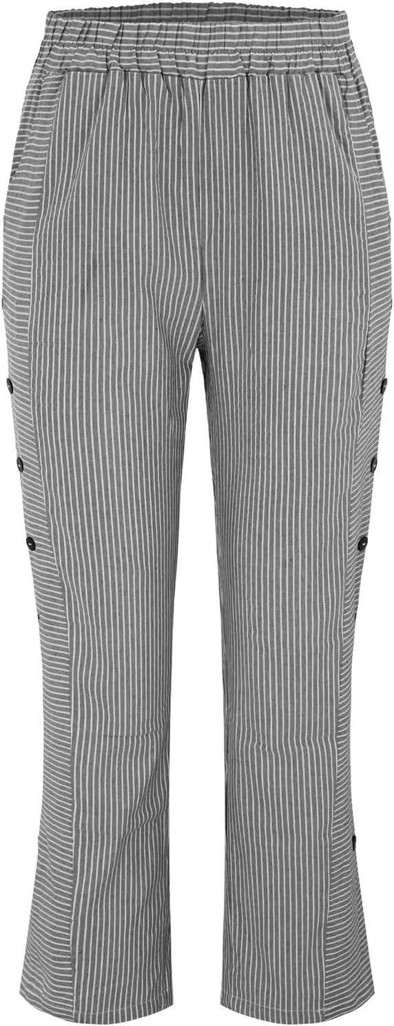 Linen Capris for Women Striped Pants Stripe Print Side Trendy Pants Baggy Elastic Waist Straight Leg Comfy Trousers